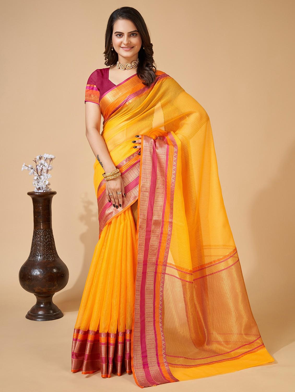 women solid with bordered kota doria saree with blouse - 22001294 - Zoom Image - 0
