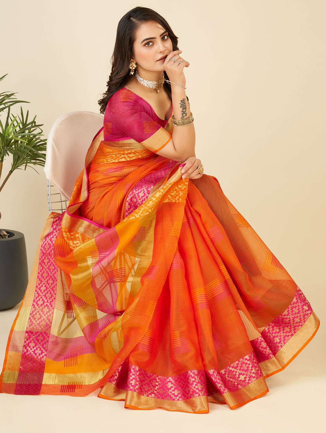 women self design kota doria saree with blouse - 22001297 - Standard Image - 2
