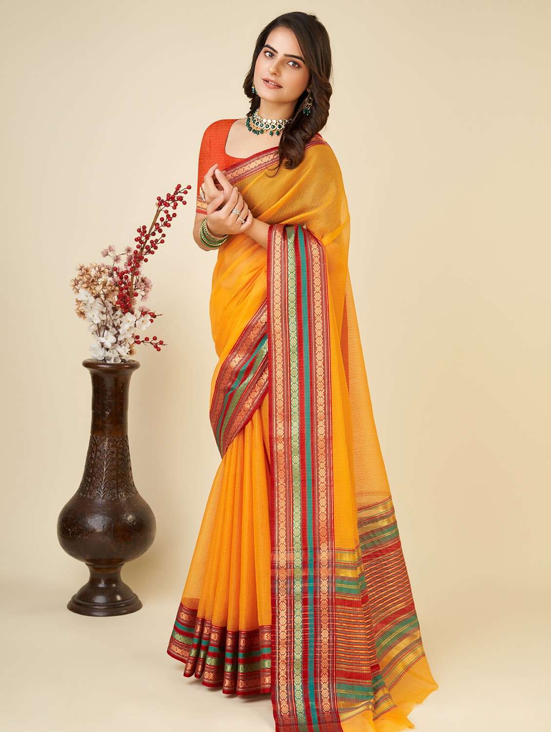 women solid with bordered kota doria saree with blouse