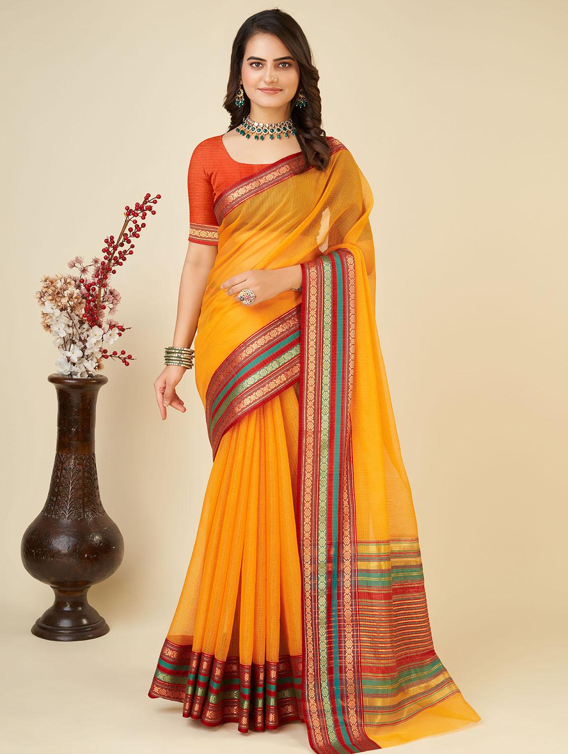 women solid with bordered kota doria saree with blouse - 22001308 - Standard Image - 2