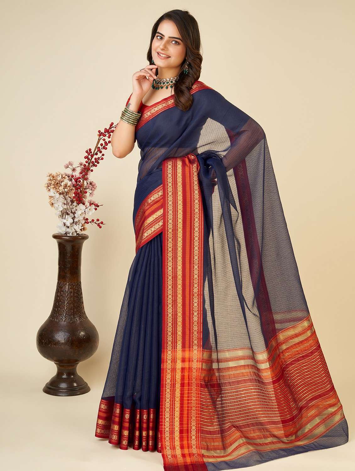 women solid with bordered kota doria saree with blouse