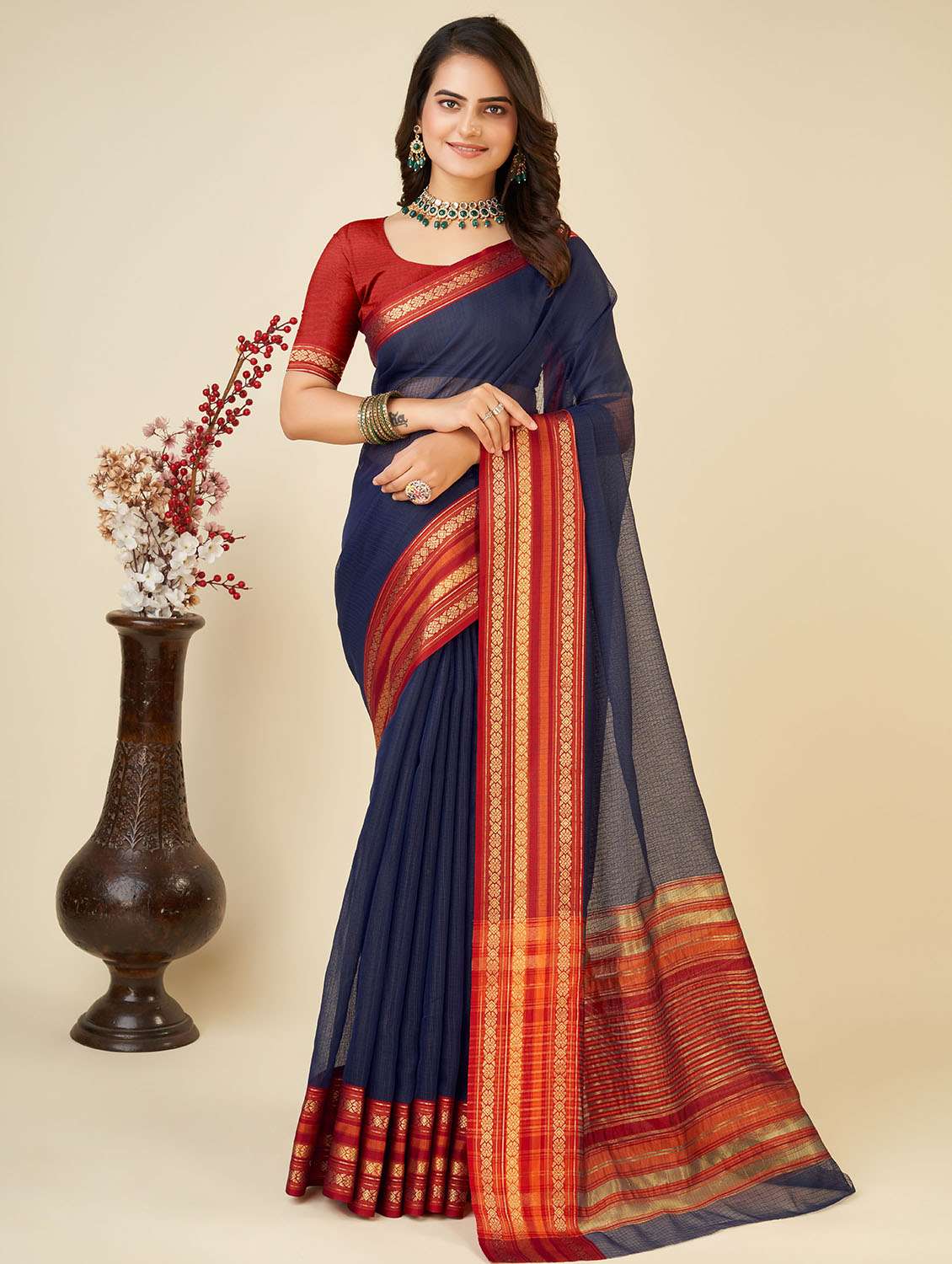 women solid with bordered kota doria saree with blouse - 22001309 -  Standard Image - 2