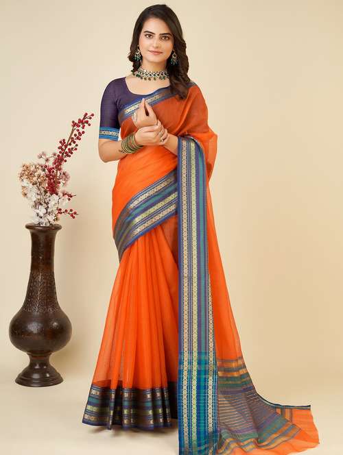 women solid with bordered kota doria saree with blouse - 22001310 -  Standard Image - 0