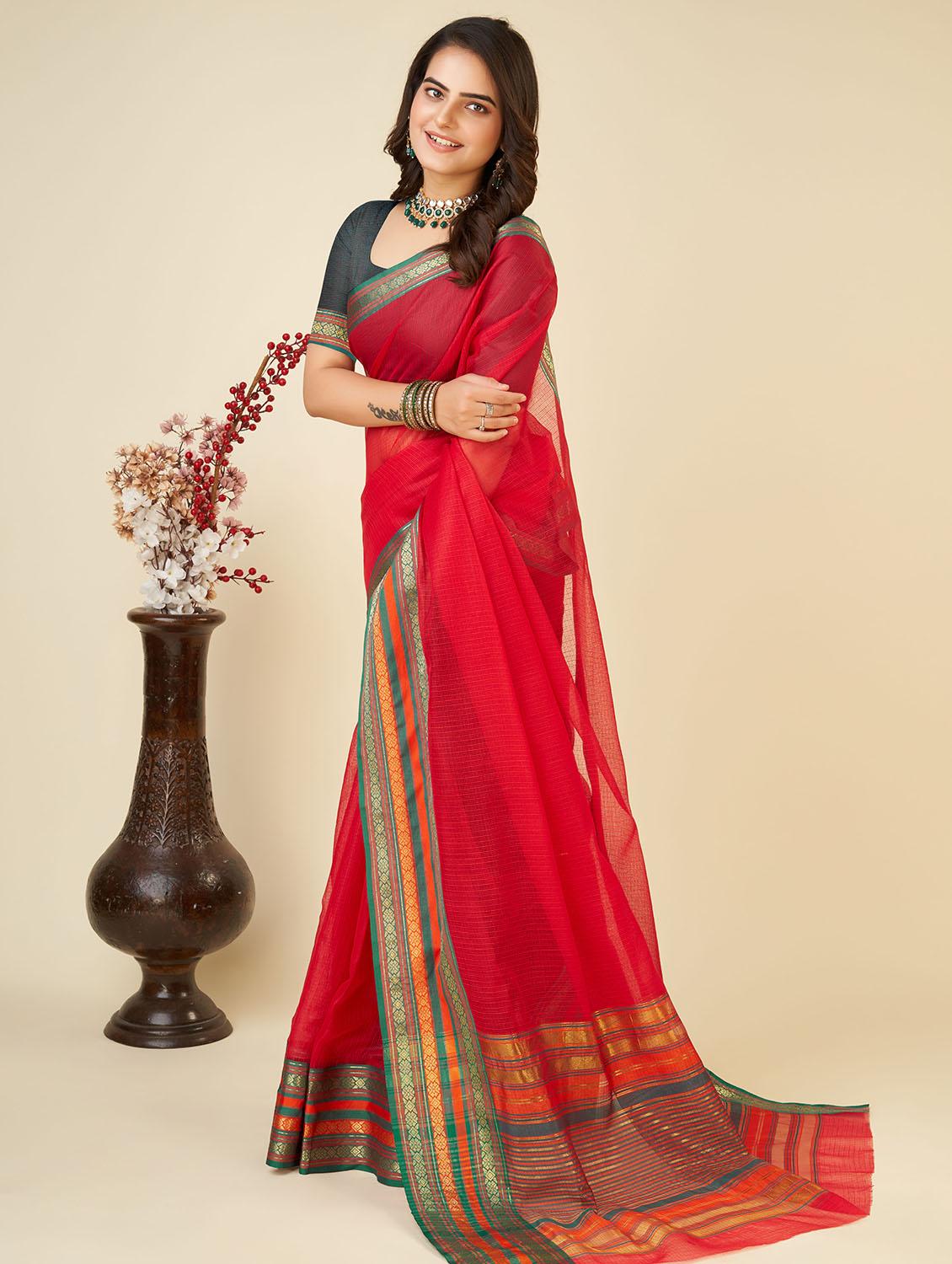 women solid with bordered kota doria saree with blouse - 22001311 - Standard Image - 2