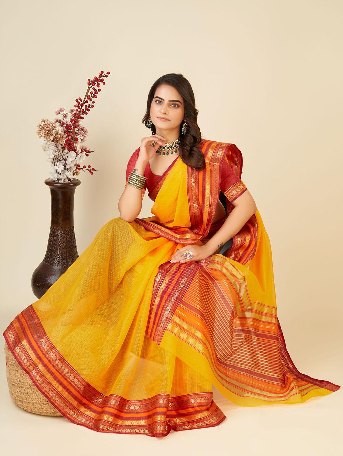 women yellow kota doria saree with blouse - 22001312 - Standard Image - 2