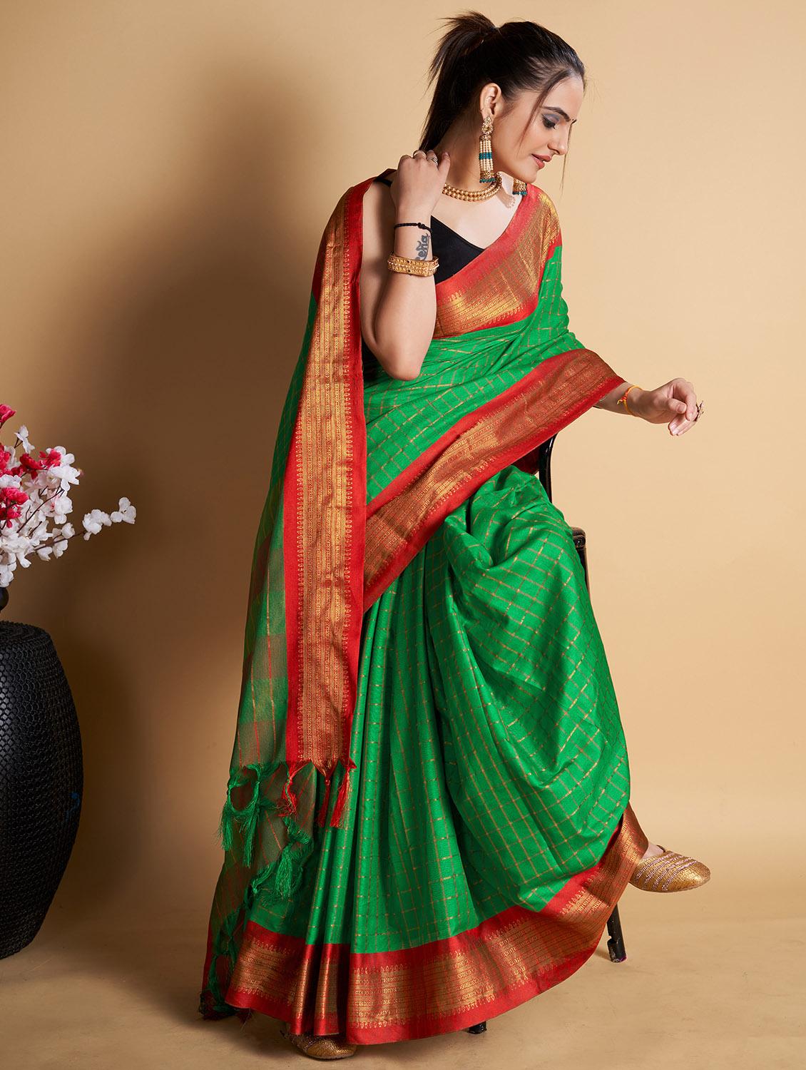 women checkered bordered saree with blouse - 22001336 - Standard Image - 2