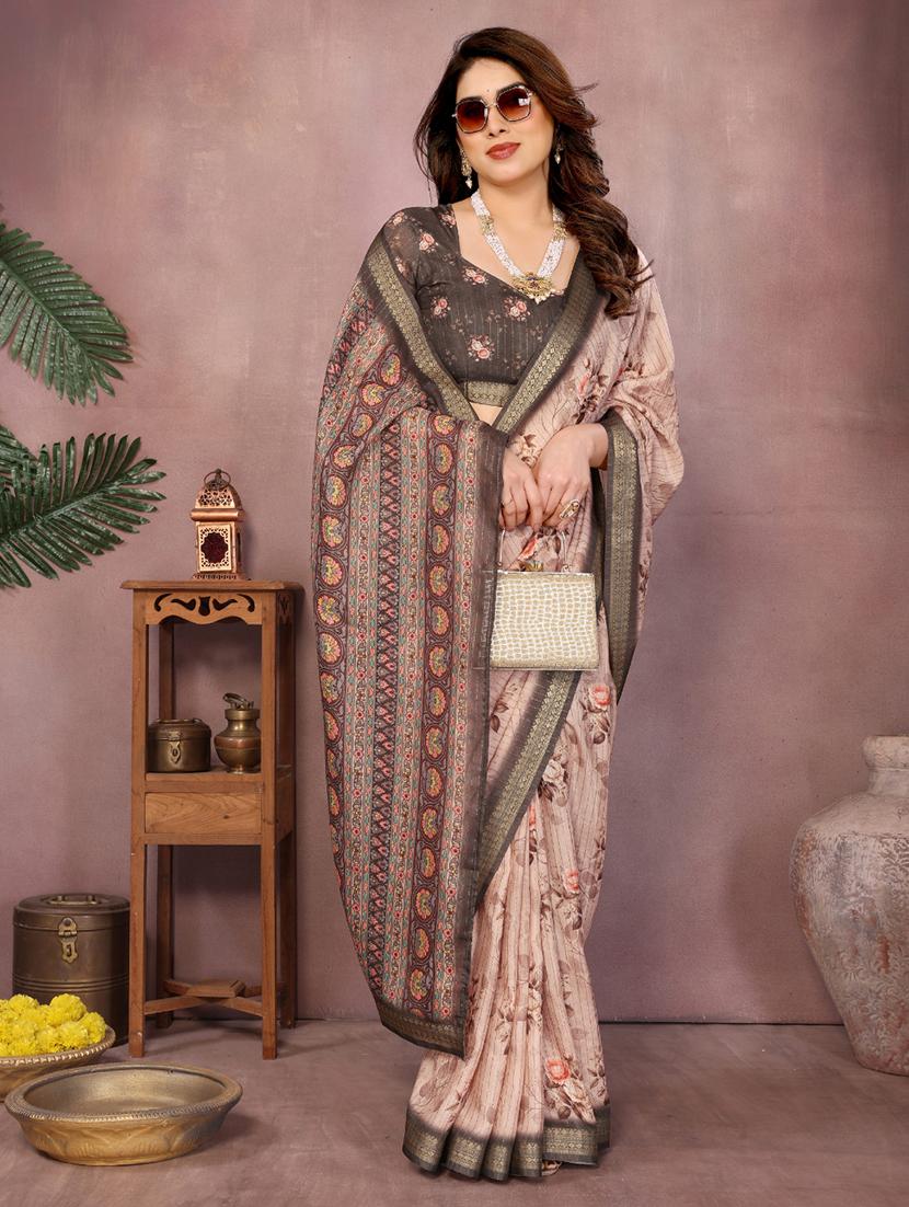 women floral printed bordered saree with blouse - 22001372 - Zoom Image - 0