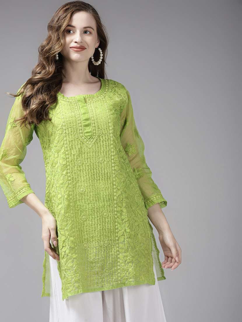 women solid with work notch neck chikanakri kurti