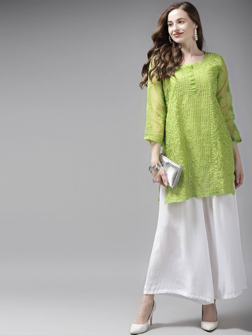women solid with work notch neck chikanakri kurti - 22001384 - Standard Image - 2