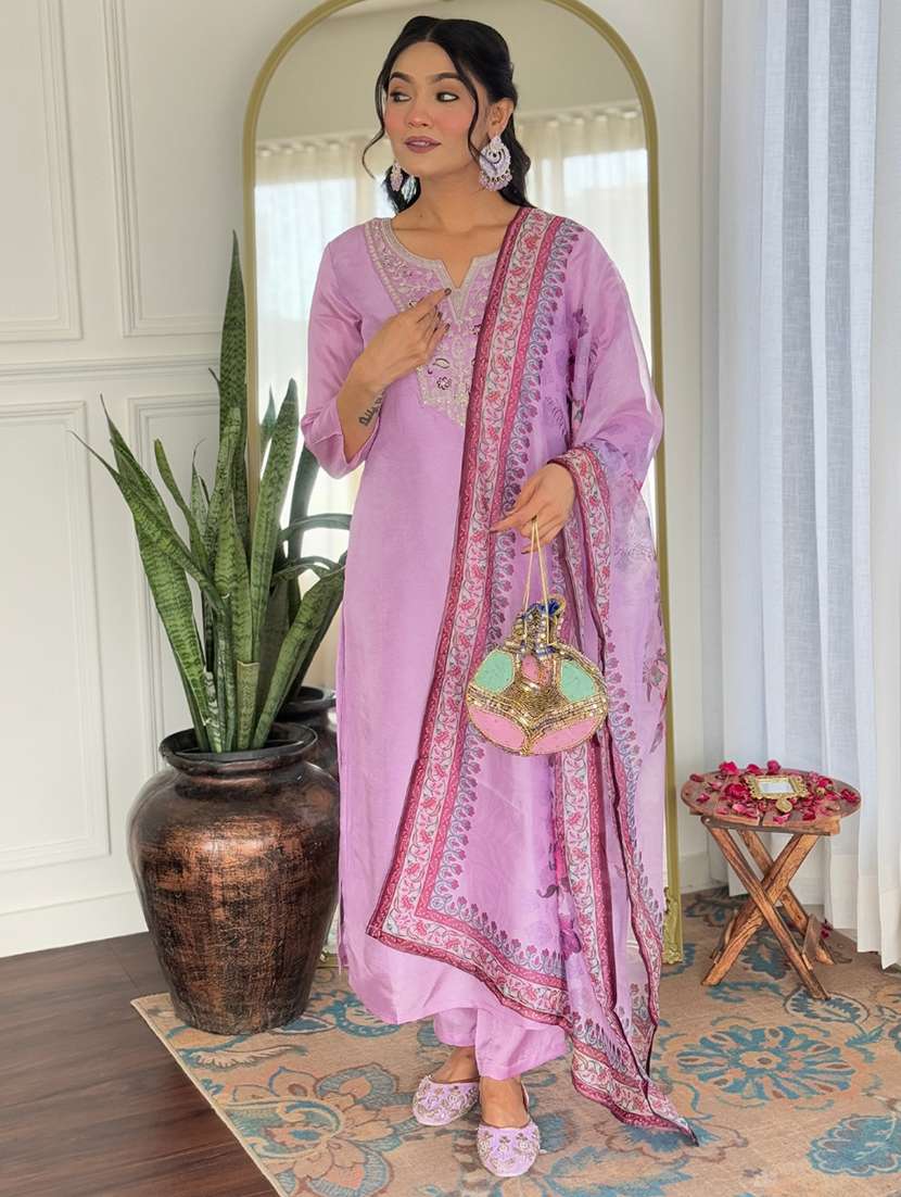 women solid with work three quarter sleeve kurta pant with dupatta set - 22001601 -  Standard Image - 2