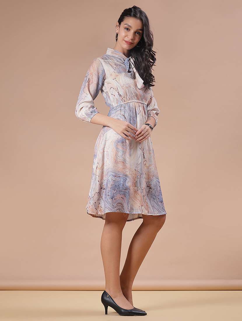women printed three quarter sleeve a-line dress - 22001945 - Standard Image - 2
