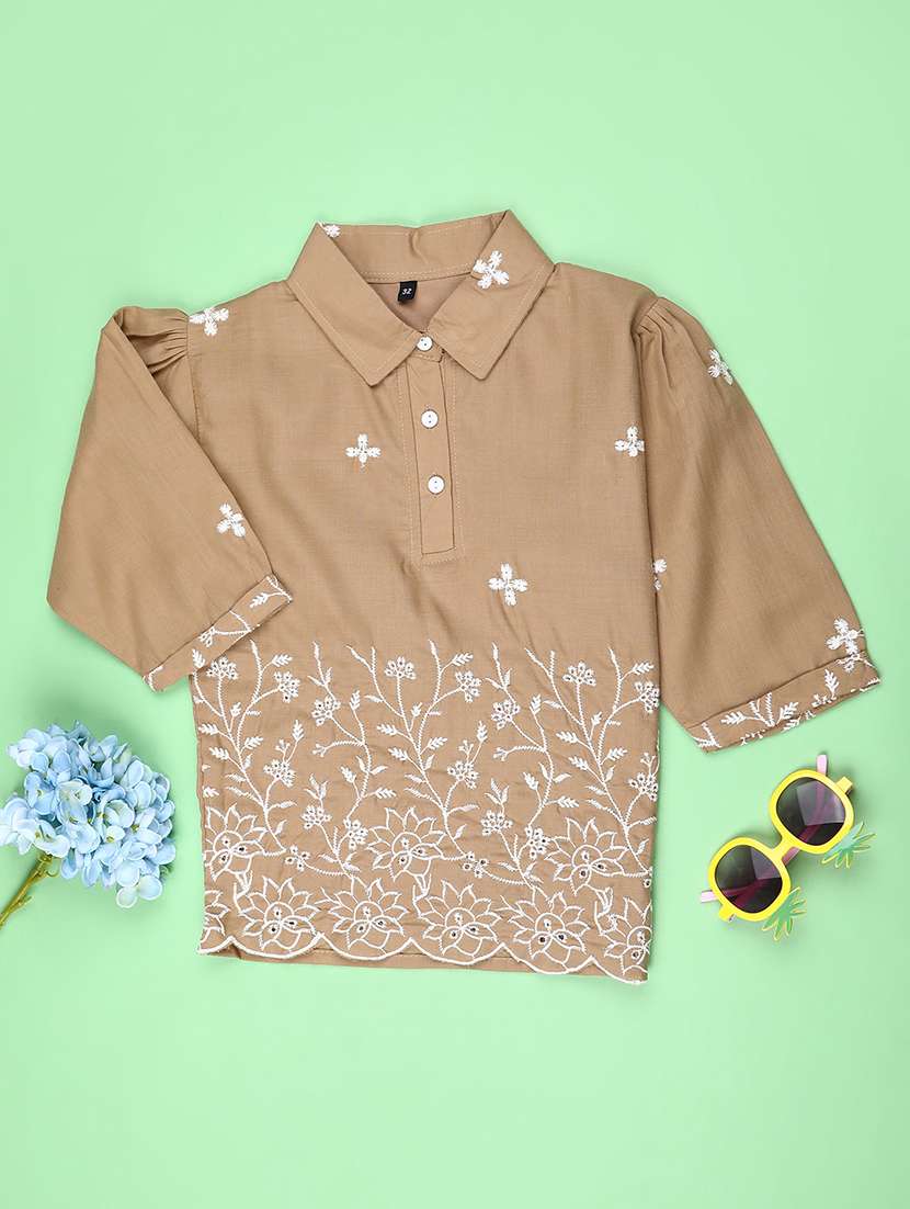girls embroidered three quarter sleeve top