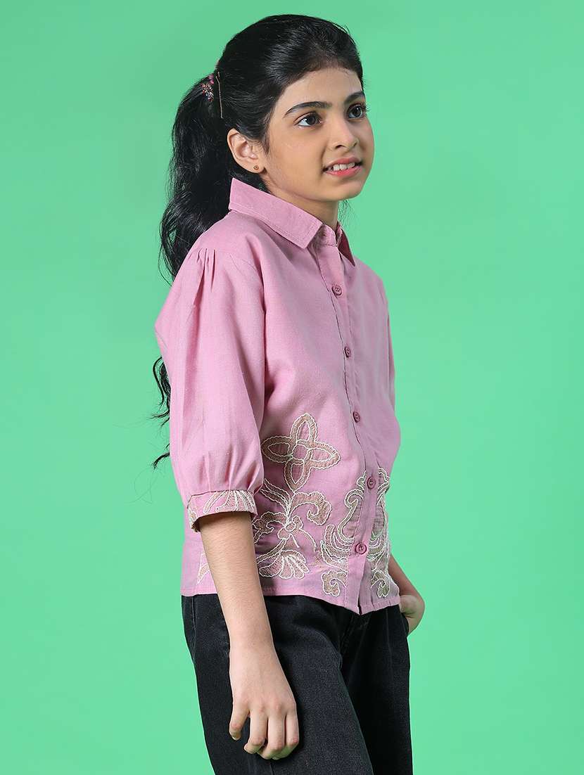 girls embroidered three quarter sleeve top - 22002240 -  Standard Image - 2