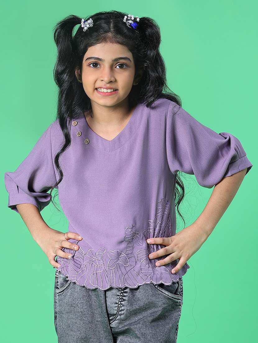girls embroidered three quarter sleeve top - 22002248 -  Standard Image - 2