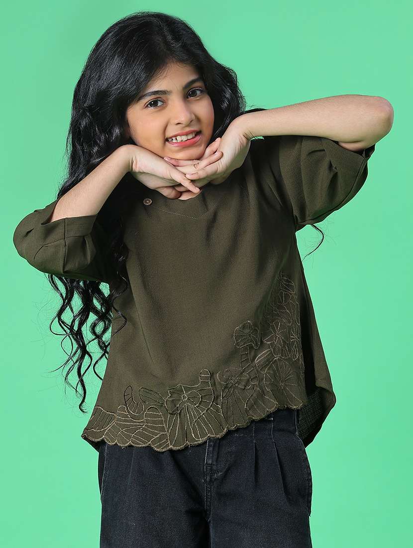 girls embroidered three quarter sleeve top - 22002251 -  Standard Image - 2