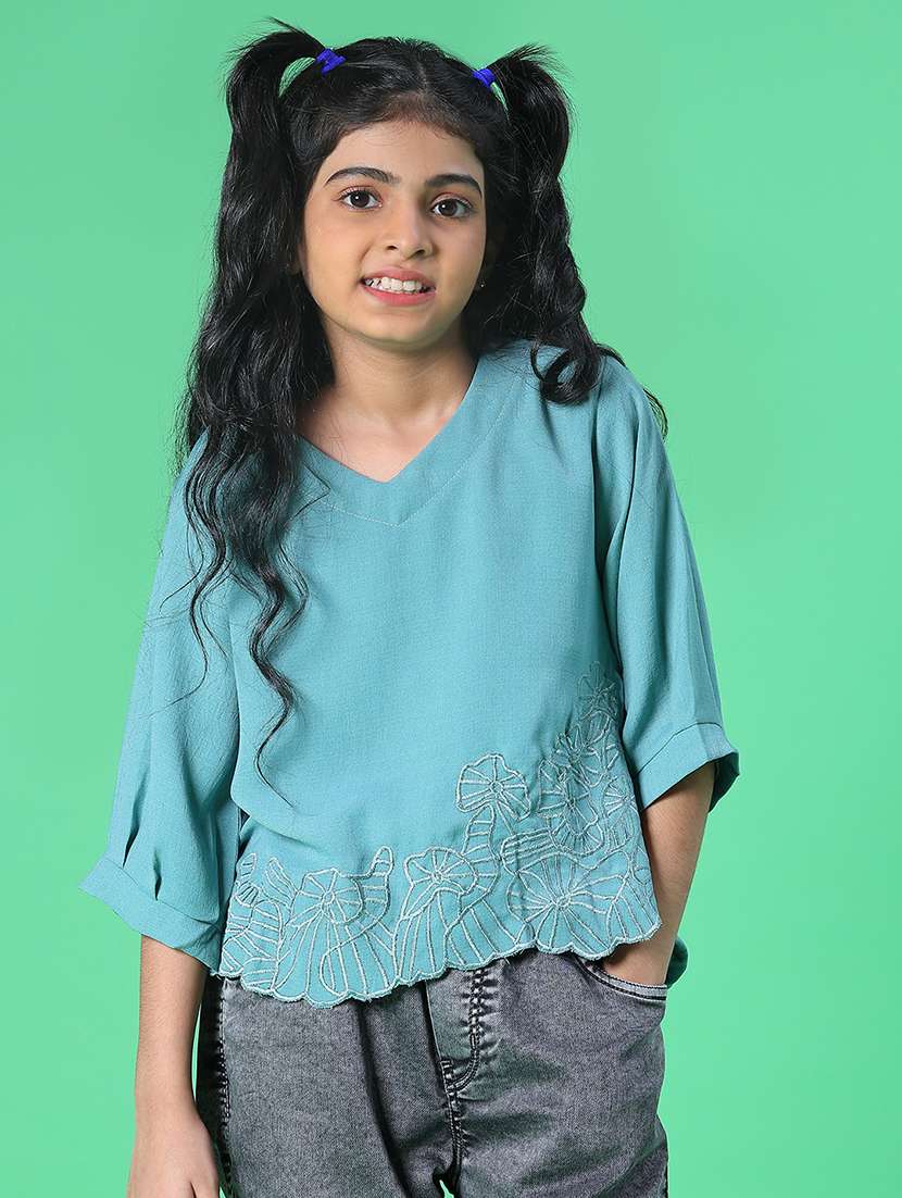 girls embroidered three quarter sleeve top - 22002253 -  Standard Image - 2