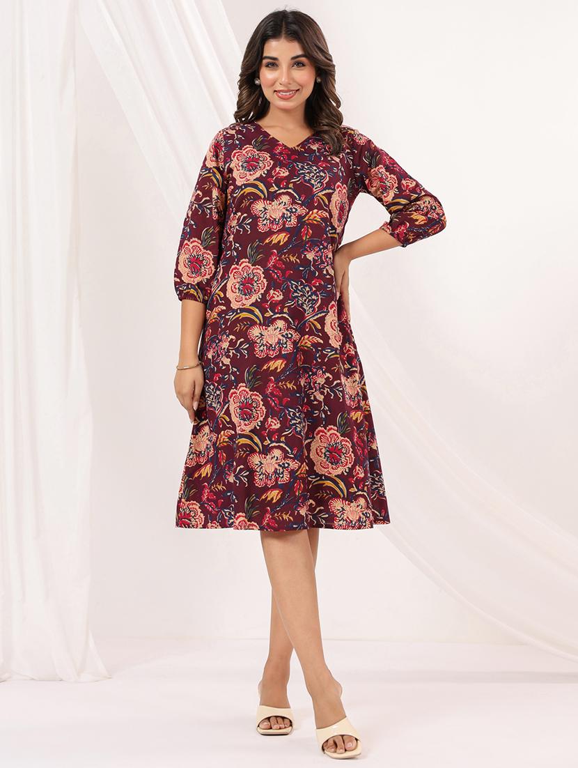 women floral print three quarter sleeve a-line dress - 22002352 - Zoom Image - 0
