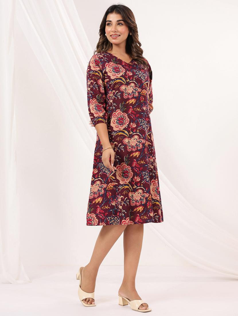 women floral print three quarter sleeve a-line dress - 22002352 - Standard Image - 2