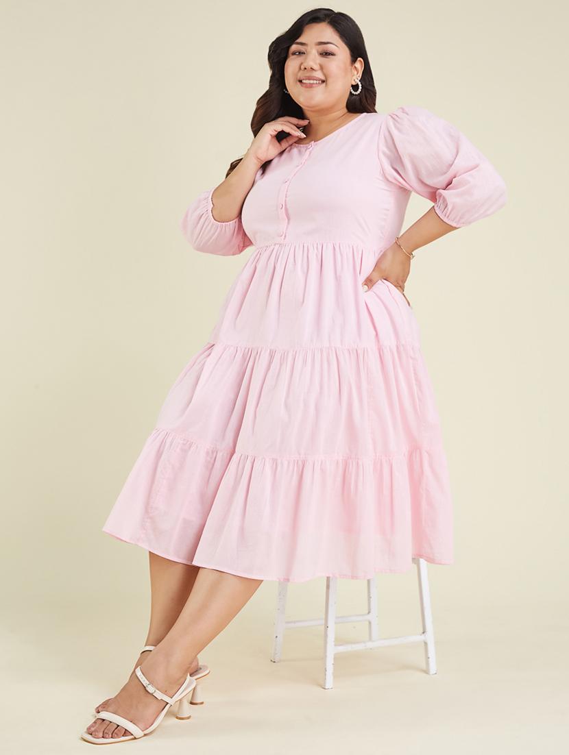 women plus size solid puff sleeve tiered dress - 22002356 - Standard Image - 2