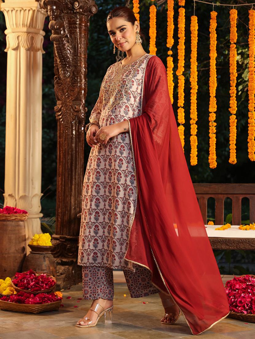 women printed three quarter sleeve kurta palazzo with dupatta set - 22002359 - Standard Image - 2