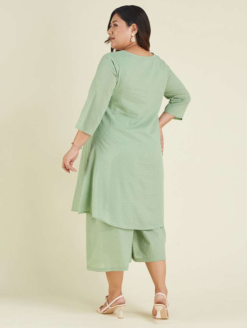 women plus size self design three quarter sleeve kurta pant set - 22002361 -  Standard Image - 2