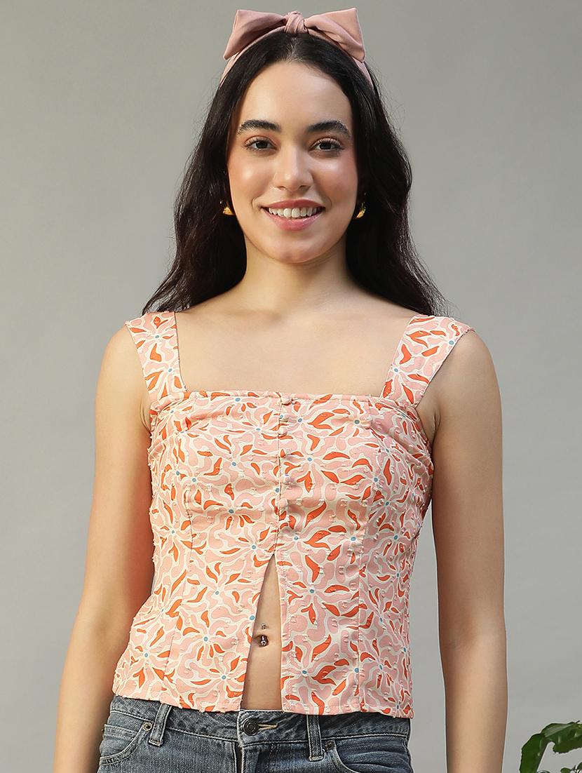 women peach printed sleeveless regular top - 22002379 -  Zoom Image - 0