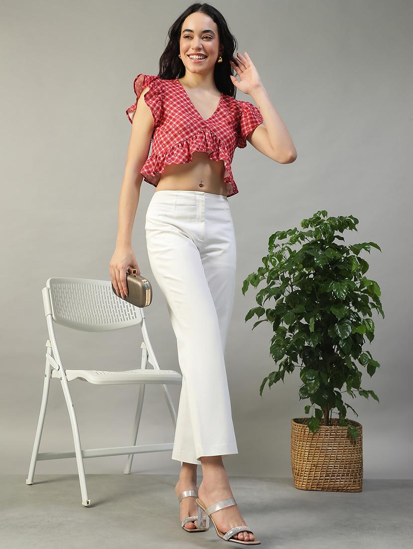 women checkered ruffle sleeve crop top - 22002380 - Standard Image - 2