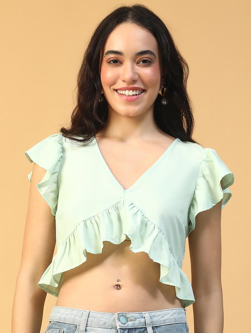 women solid ruffle sleeve crop top - 22002381 - Zoom Image - 0