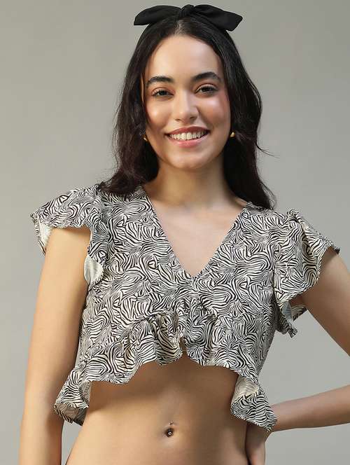 women animal print ruffle sleeve crop top - 22002382 -  Standard Image - 0