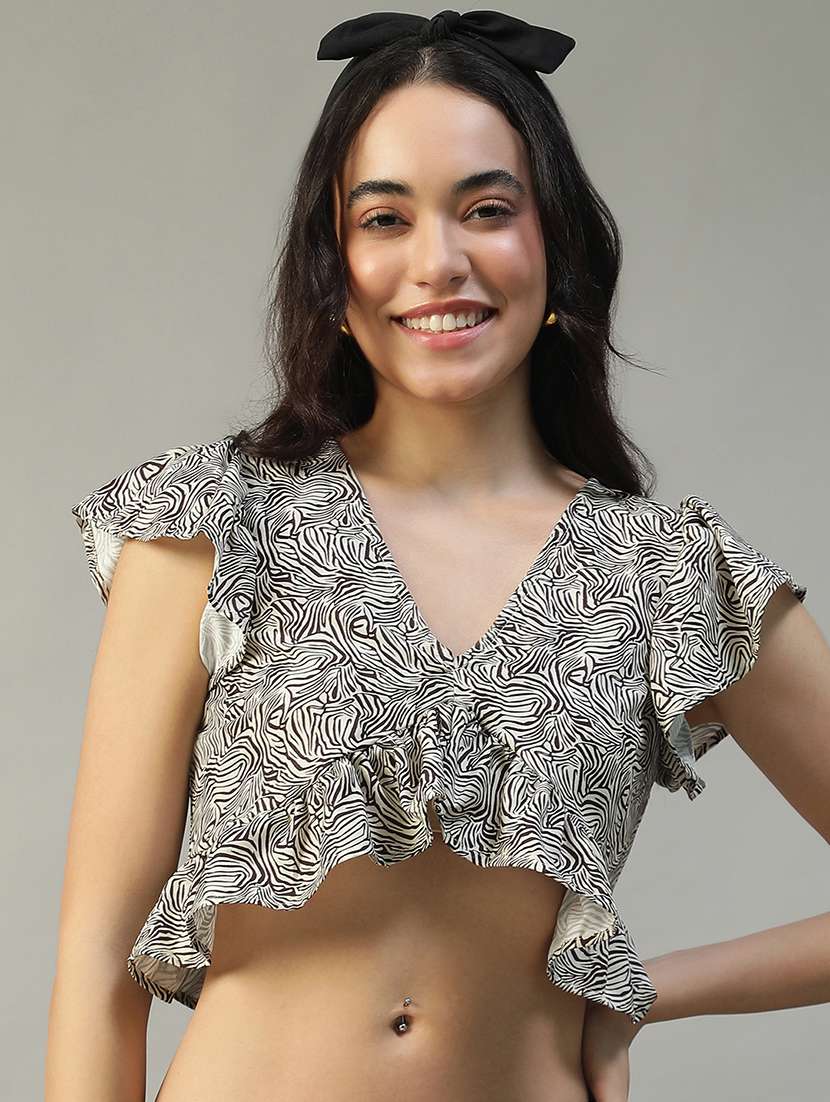women animal print ruffle sleeve crop top