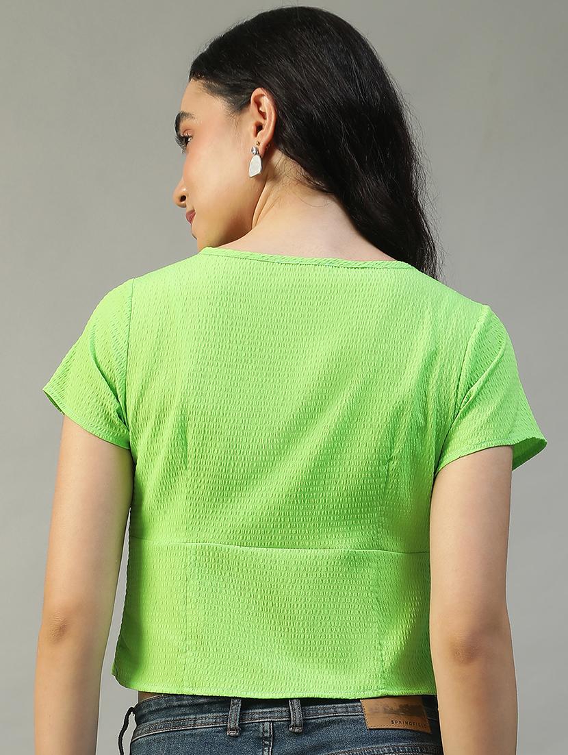 women solid short sleeve tie up crop top - 22002384 - Standard Image - 2
