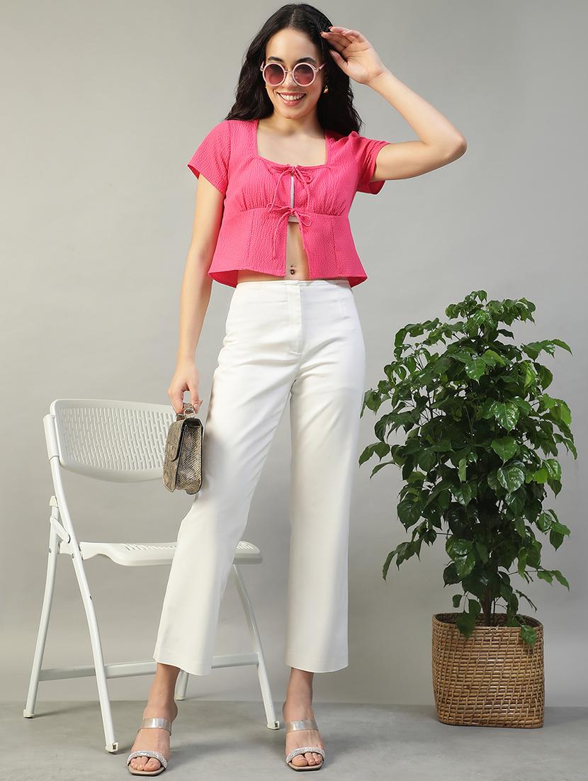 women solid short sleeve tie up crop top - 22002385 - Standard Image - 2