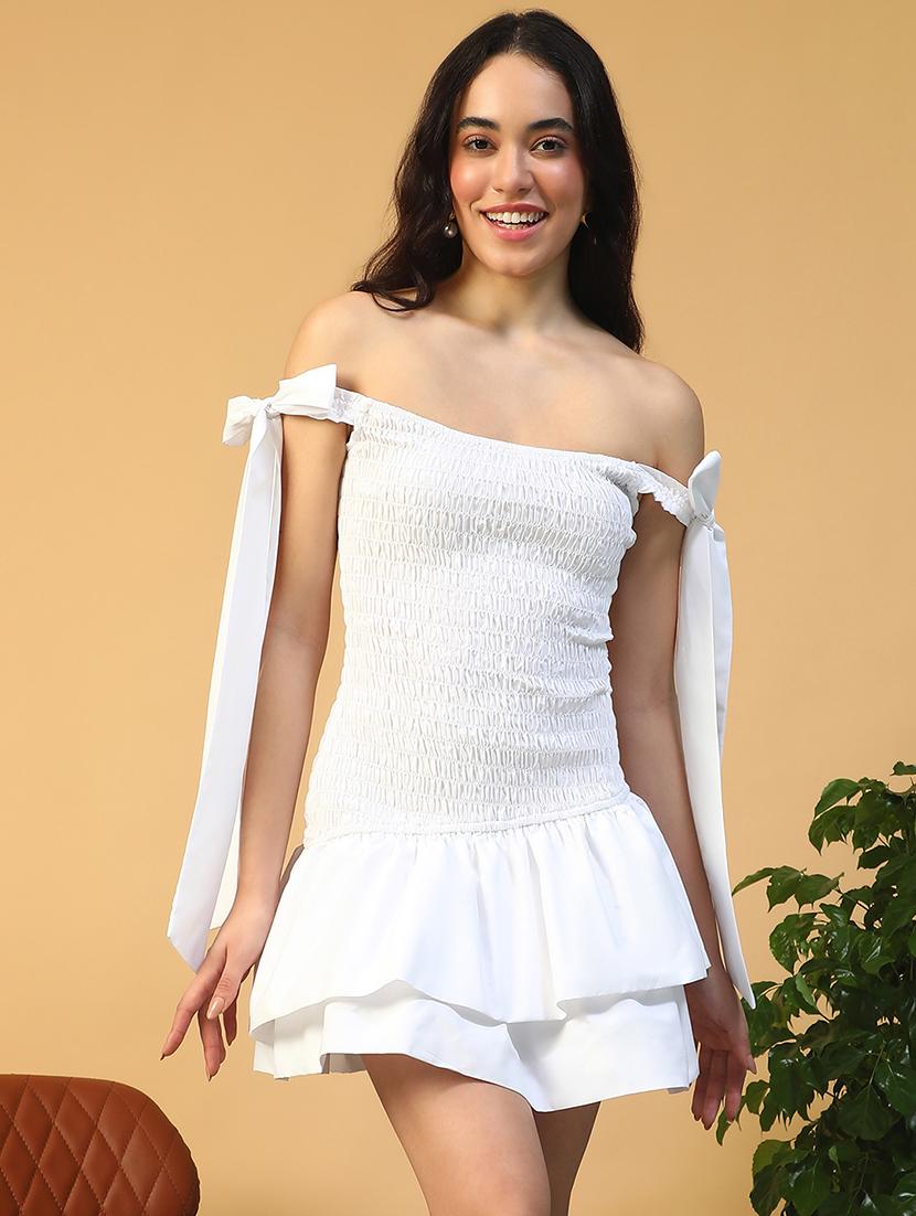 women white solid off shoulder layered dress - 22002391 - Zoom Image - 0