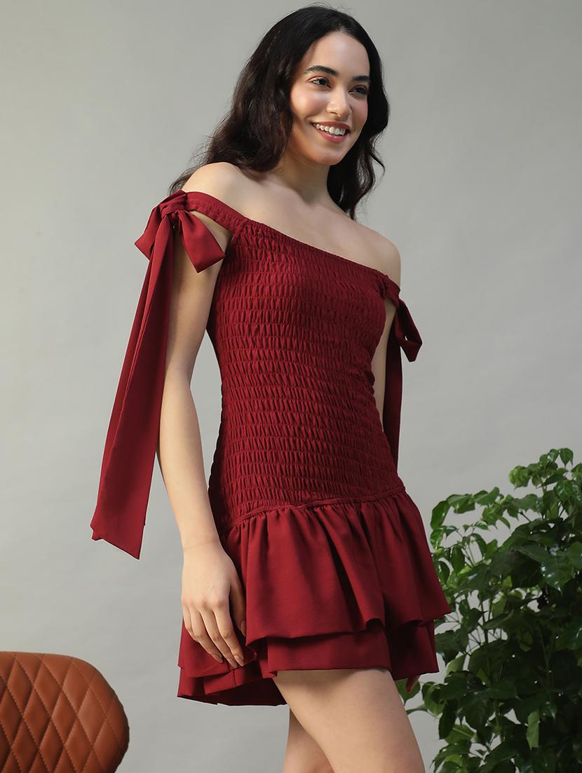 women maroon solid off shoulder layered dress - 22002394 - Standard Image - 2