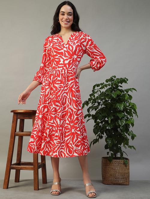 women red printed puff sleeve tiered dress - 22002398 - Standard Image - 0