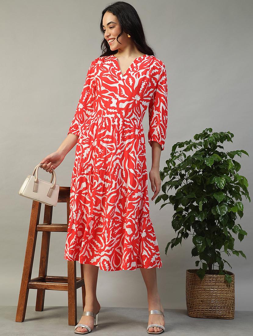 women red printed puff sleeve tiered dress - 22002398 - Standard Image - 2