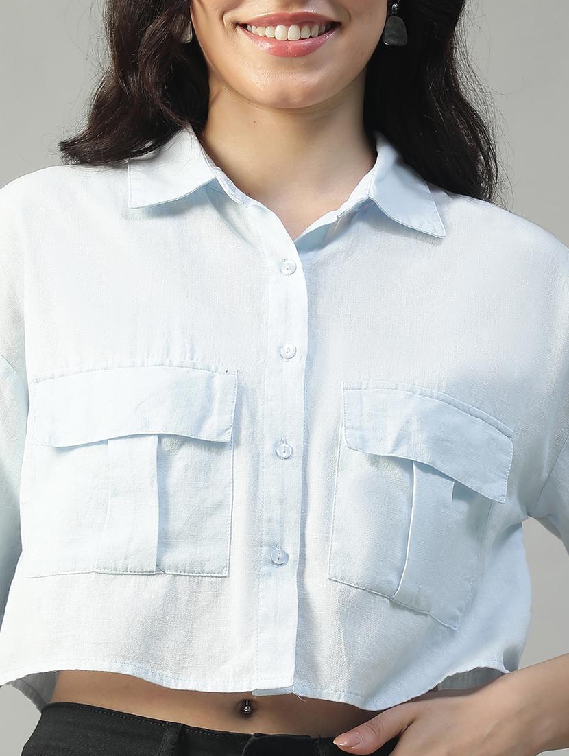 women solid collared short sleeve crop shirt - 22002404 - Standard Image - 2