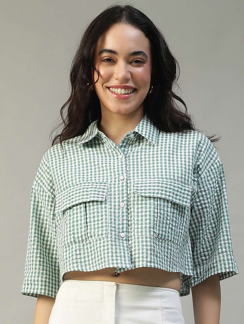 women checkered collared short sleeve crop shirt