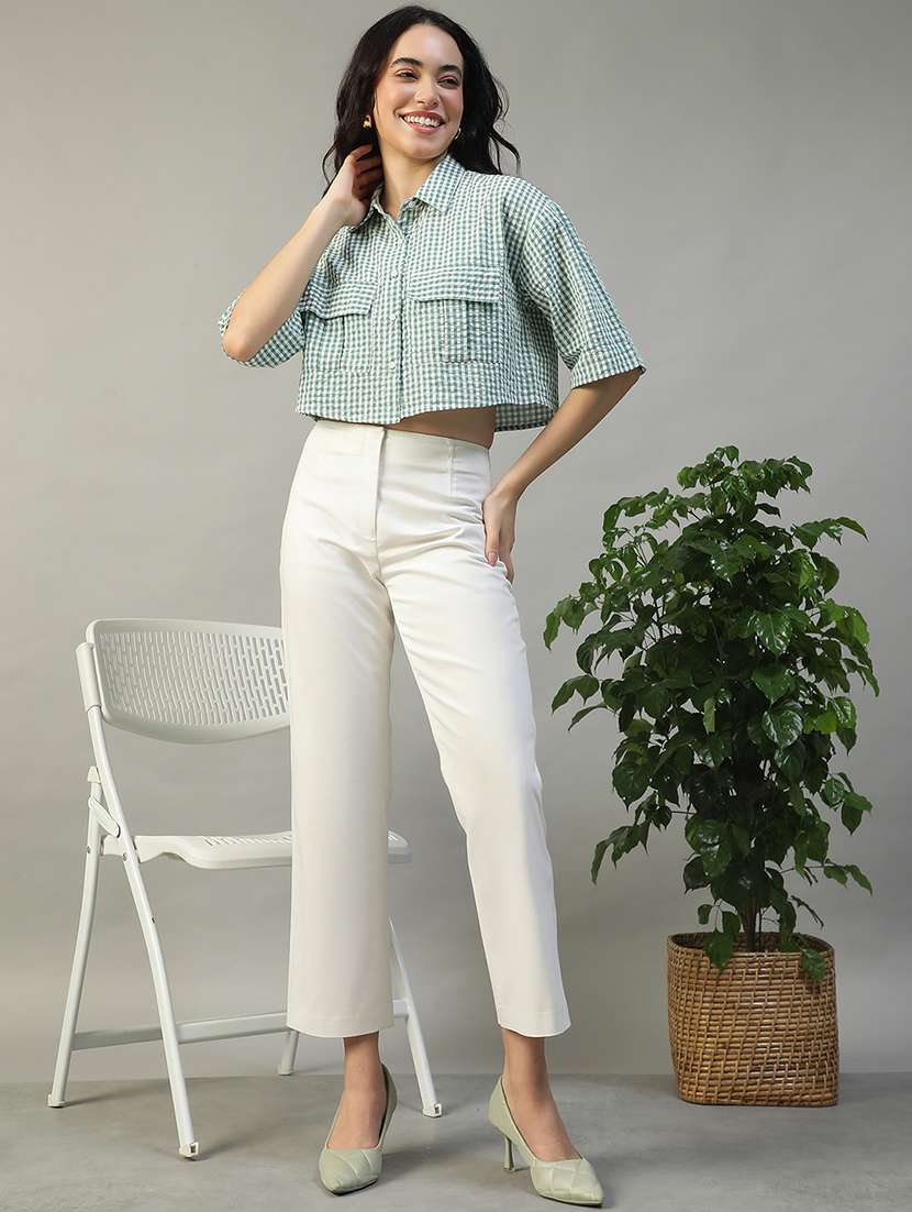 women checkered collared short sleeve crop shirt - 22002405 - Standard Image - 2