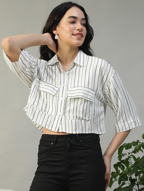 women striped collared short sleeve crop shirt - 22002406 -  Standard Image - 0