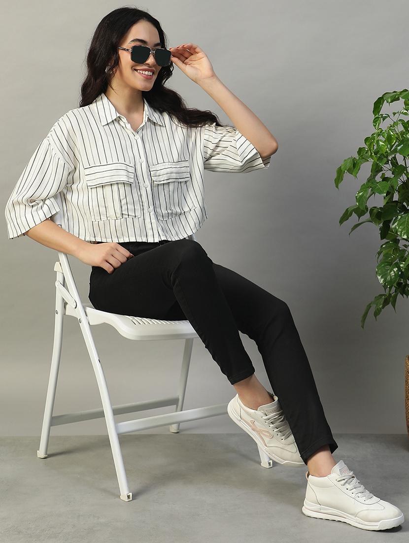 women striped collared short sleeve crop shirt - 22002406 - Standard Image - 2