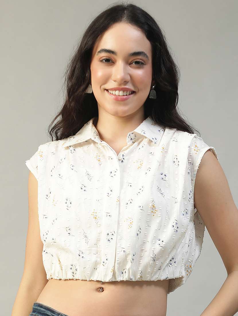 women printed collared sleeveless crop shirt