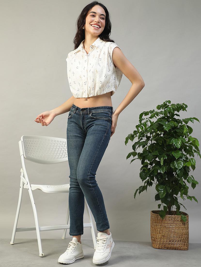 women printed collared sleeveless crop shirt - 22002407 - Standard Image - 2