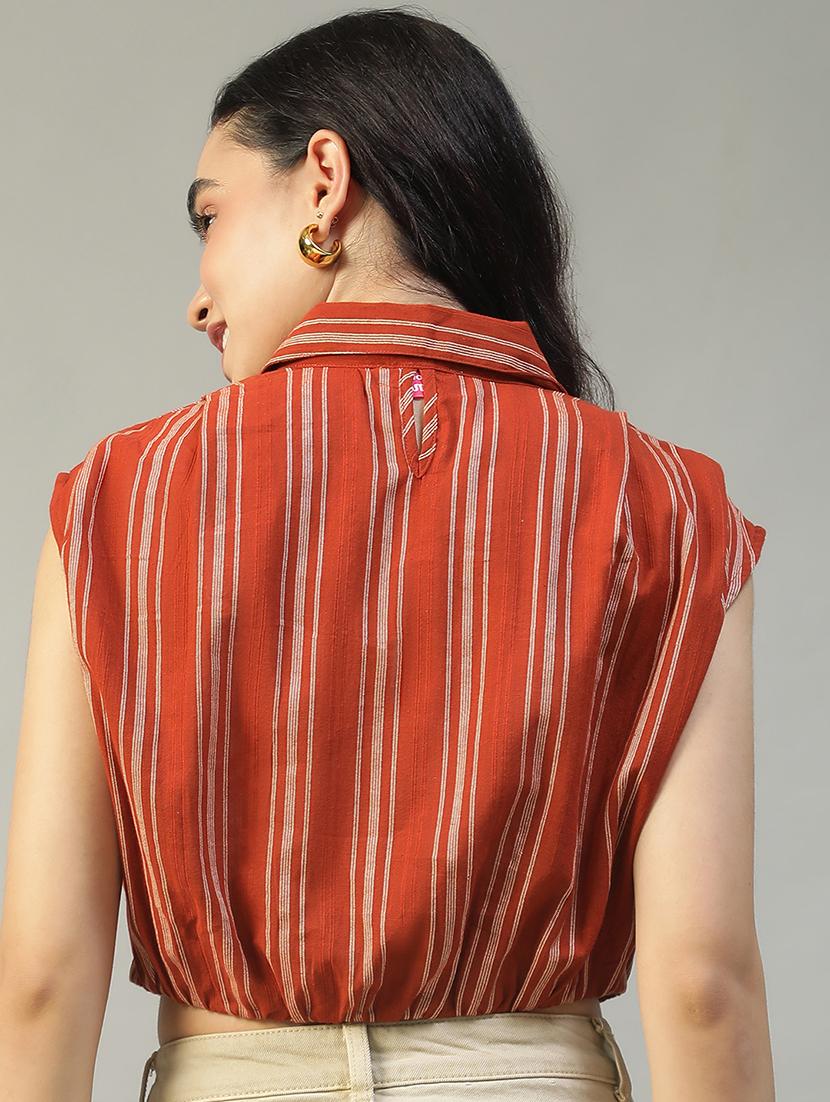 women striped collared sleeveless crop shirt - 22002409 - Standard Image - 2