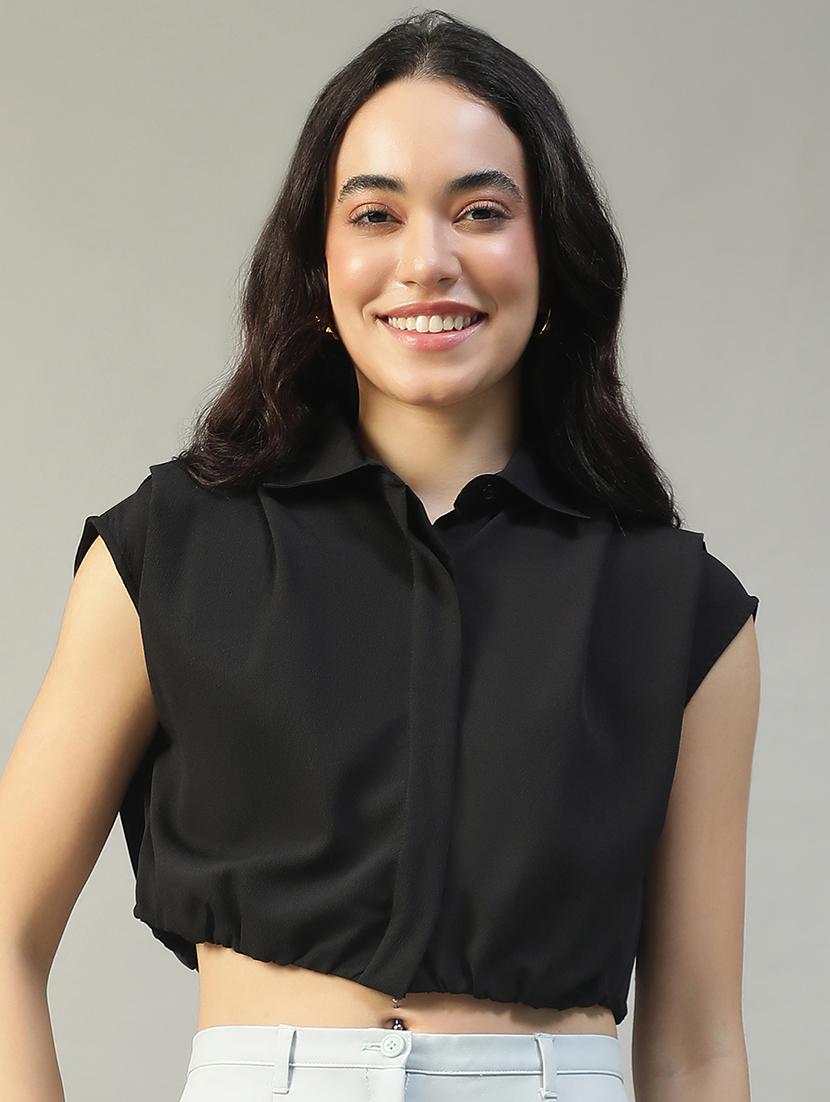 women solid collared sleeveless crop shirt - 22002410 - Zoom Image - 0