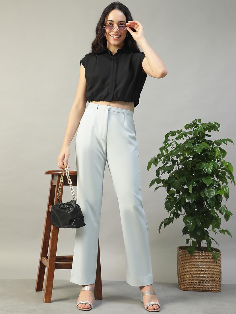 women solid collared sleeveless crop shirt - 22002410 - Standard Image - 2