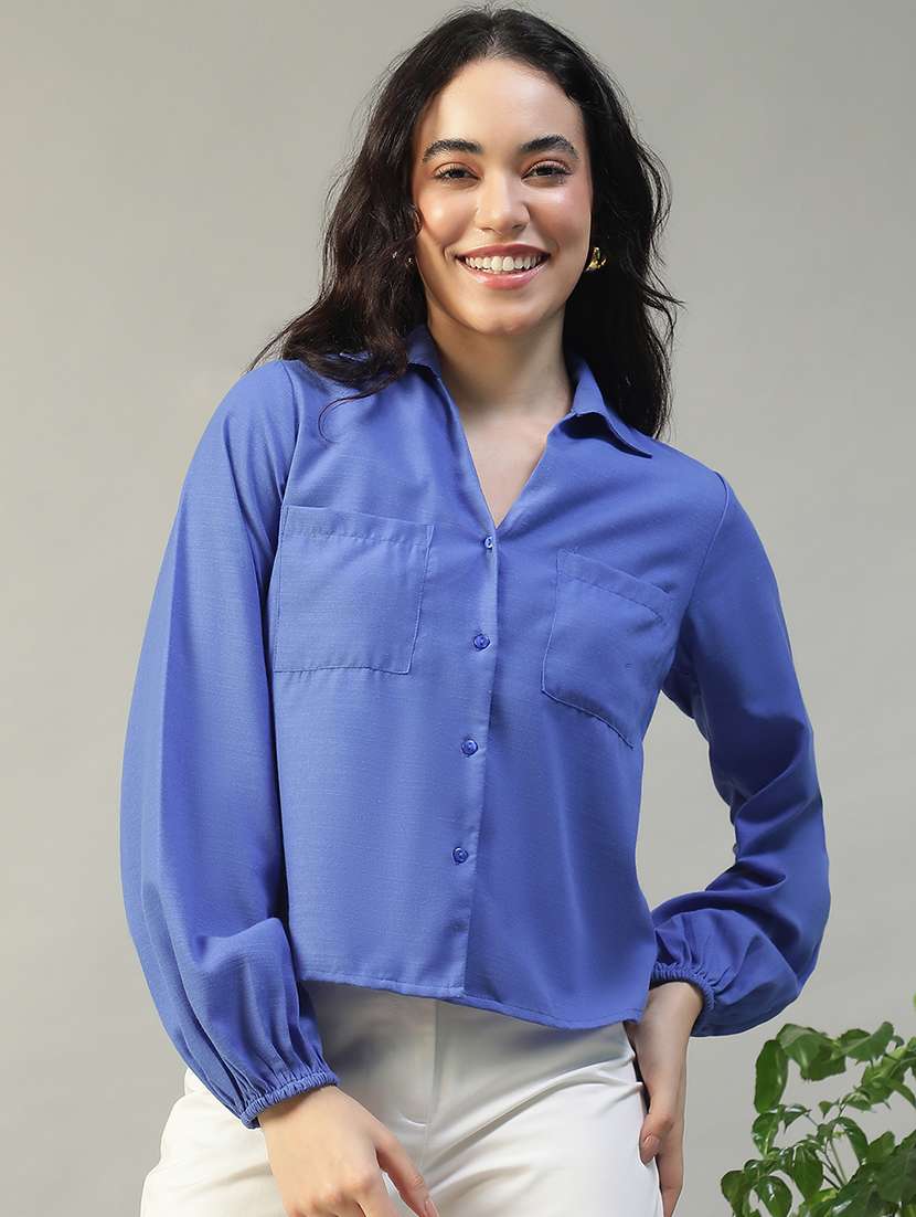 women blue solid puff sleeve regular shirt