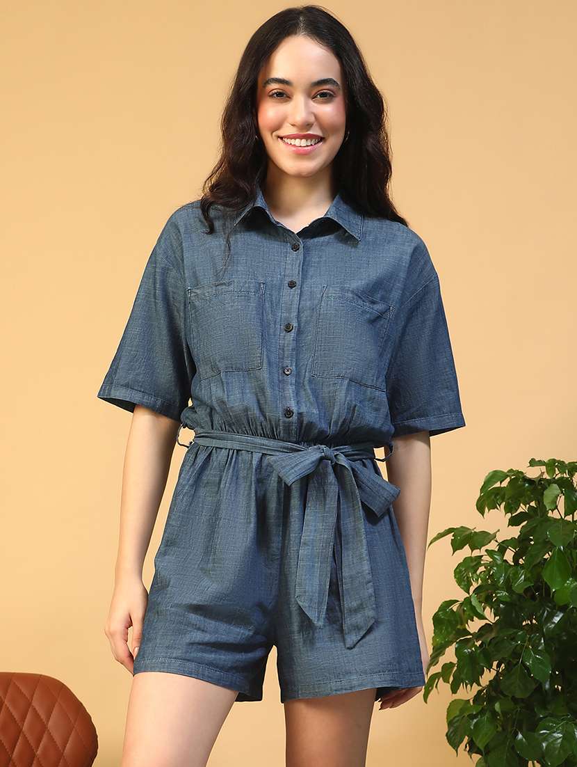 women solid collared short sleeve romper