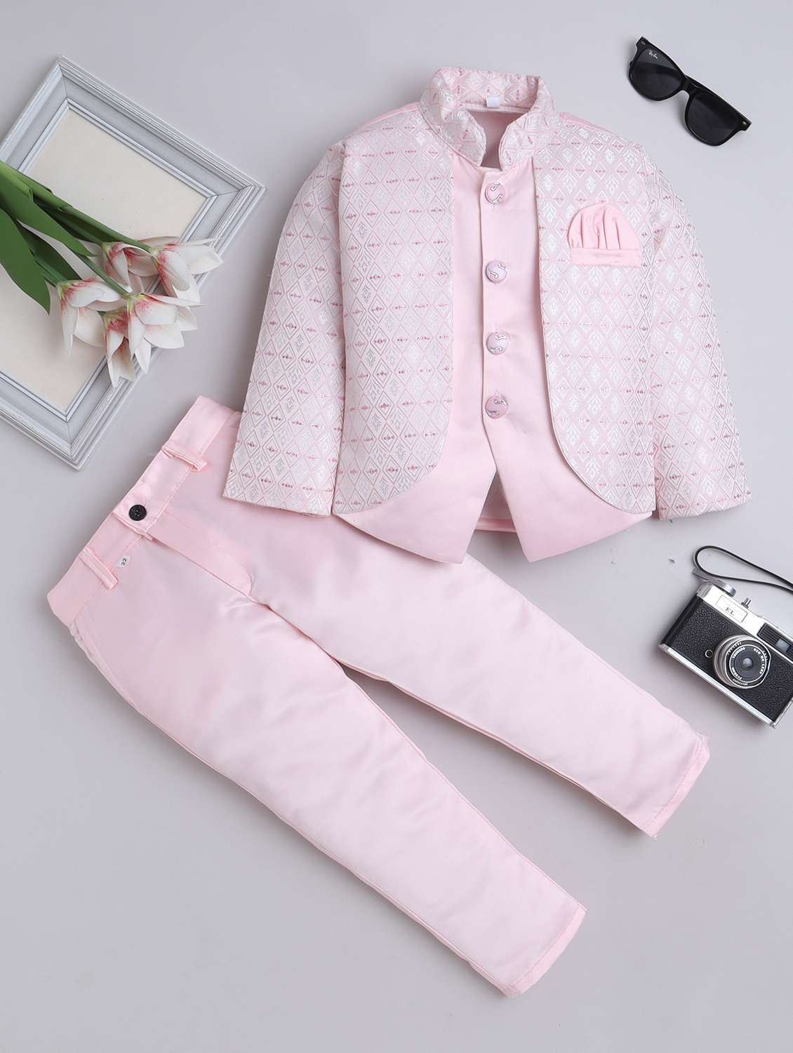 boys self designed long sleeve blazer and trouser set
