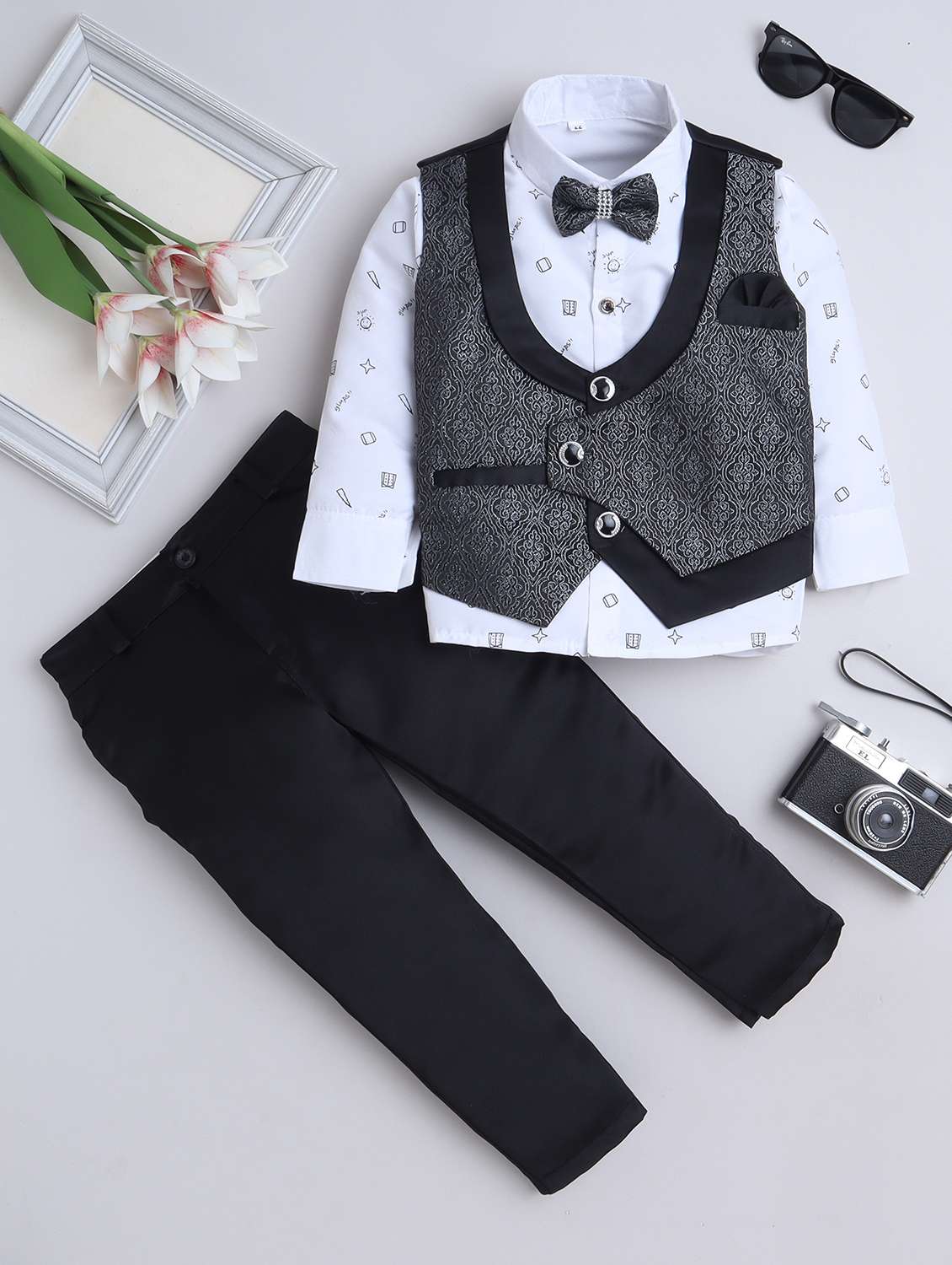 boys printed shirt and trouser with waistcoat